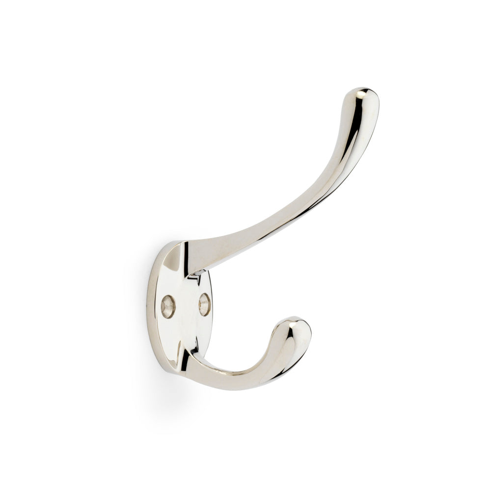 "Alexander & Wilks Victorian hat and coat hook in polished nickel finish on a circular backplate, showcasing its elegant and traditional design"