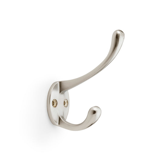 Victorian Hat and Coat Hook in Satin Nickel by Alexander & Wilks, showcasing traditional design and solid brass construction on a circular backplate.