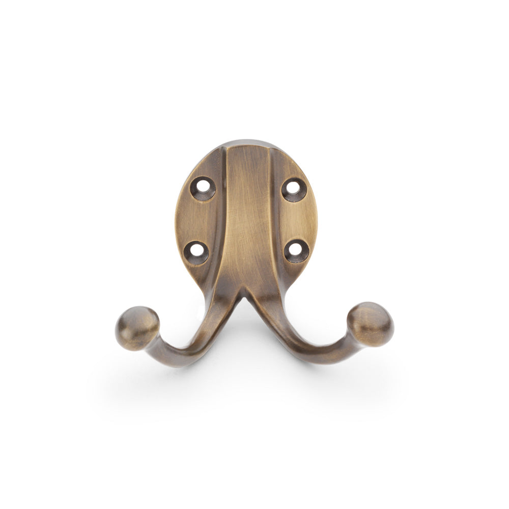Double Robe Hook in Antique Bronze by Alexander & Wilks, traditional oval backplate design