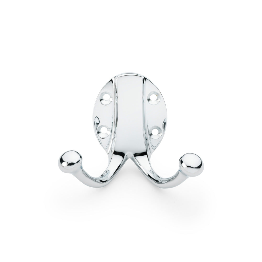 Double Robe Hook in Polished Chrome by Alexander & Wilks, featuring elegant oval backplate and durable brass construction.