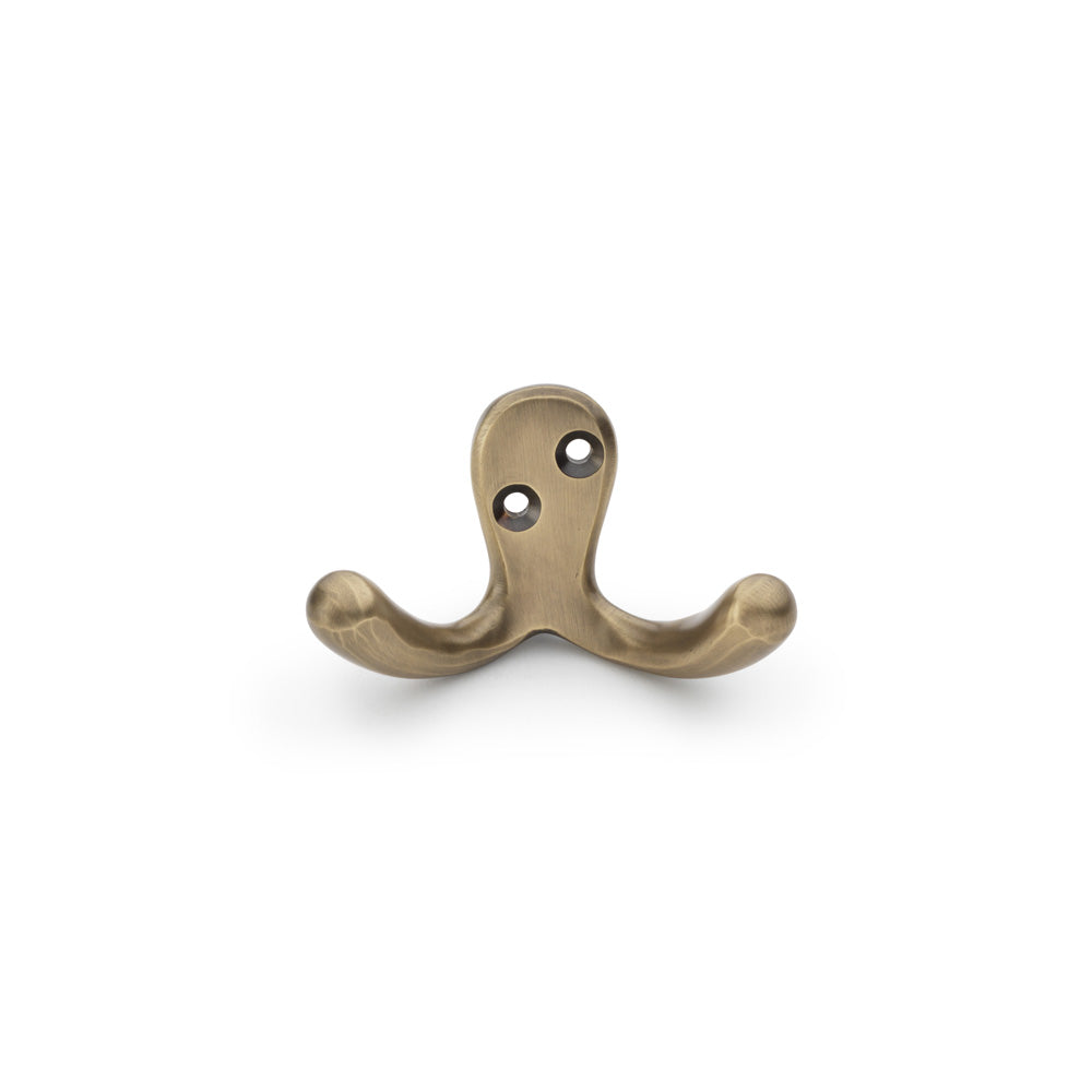 "Alexander and Wilks Victorian Double Robe Hook in Antique Brass, showcasing dual hook design and traditional Victorian aesthetics"