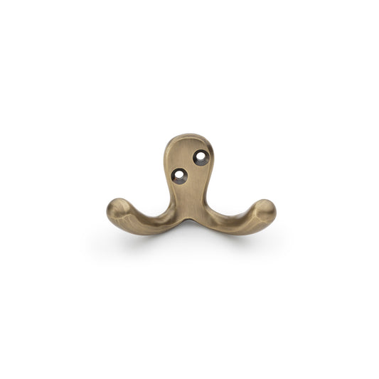 "Alexander and Wilks Victorian Double Robe Hook in Antique Brass, showcasing dual hook design and traditional Victorian aesthetics"