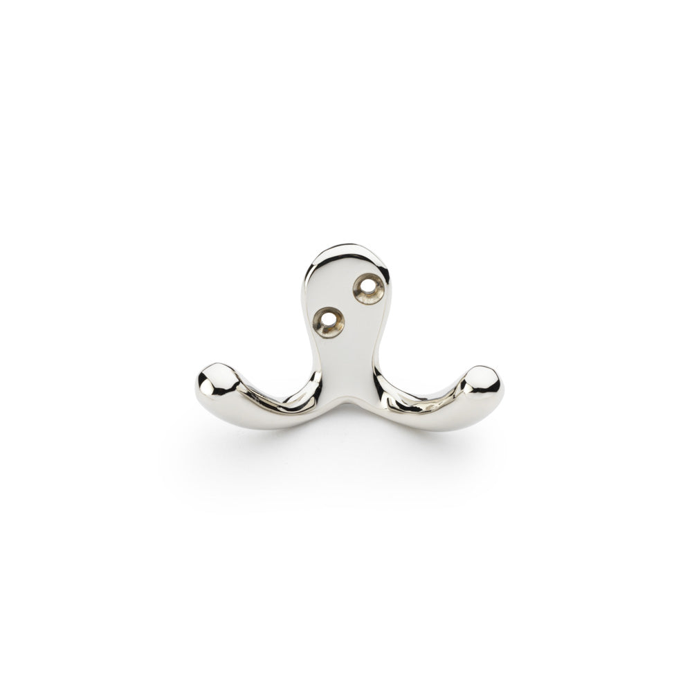"Double Robe Hook Victorian Style in Polished Nickel by Alexander & Wilks, showcasing durability and elegance with dual hook design"