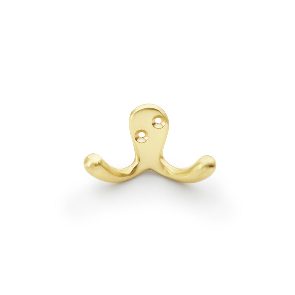Alexander and Wilks Victorian Double Robe Hook in Satin Brass, featuring dual hooks and easy installation, perfect for any elegant setting.