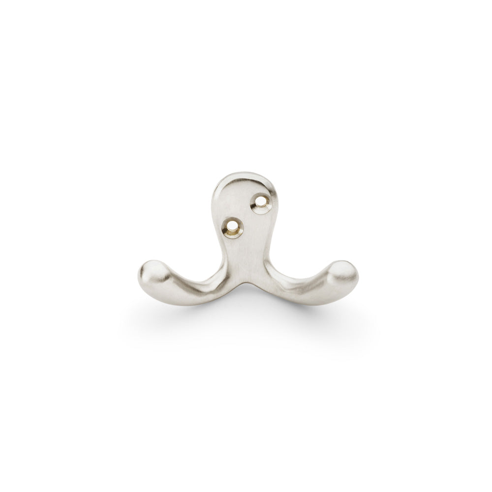 "Satin Nickel Double Robe Hook in Victorian Style by Alexander & Wilks, showcasing elegant design and solid brass construction"