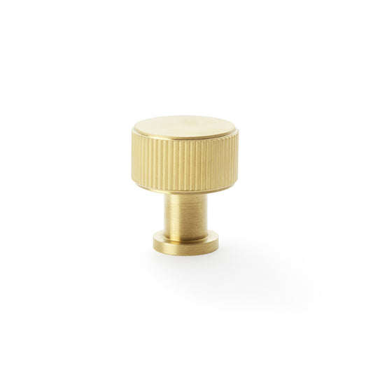 Alexander and Wilks Lucia Reeded Cupboard Knob in Satin Brass PVD Finish, 29mm, showcasing easy grip texture and stylish design