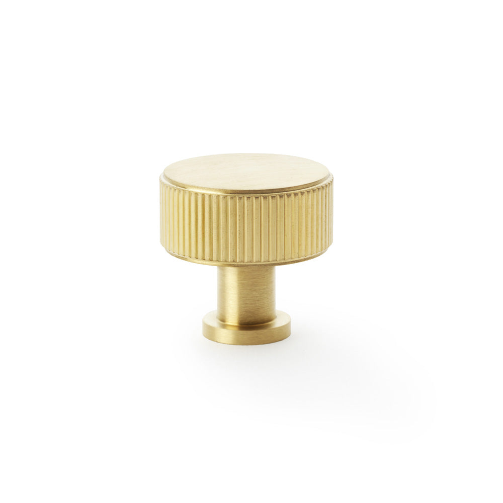 Alexander & Wilks Lucia Reeded Cupboard Knob in Satin Brass PVD, 35mm, featuring elegant reeded texture and subtle rose base detail