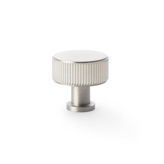 Alexander & Wilks Lucia Reeded Cupboard Knob in Satin Nickel, 35mm, featuring solid brass construction and tactile reeded surface for comfortable grip