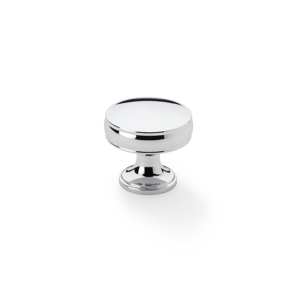 "Polished chrome 32mm Alexander and Wilks Lynd cupboard knob with classic two-ring detailing and fluted stem"