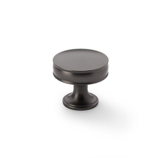 Alexander and Wilks Lynd Cupboard Knob in Dark Bronze Finish, 38mm, featuring classical design with fluted stem and accent rings, ideal for enhancing traditional or modern kitchen cabinets.