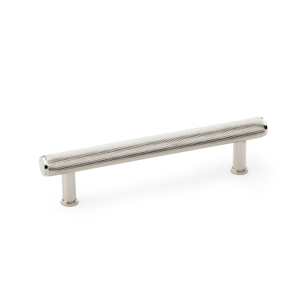 Alexander & Wilks knurled T-bar cupboard pull handle in polished nickel, solid brass, 128mm centres, ideal for modern kitchens and architectural designs