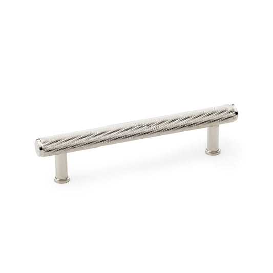 Alexander & Wilks knurled T-bar cupboard pull handle in polished nickel, solid brass, 128mm centres, ideal for modern kitchens and architectural designs