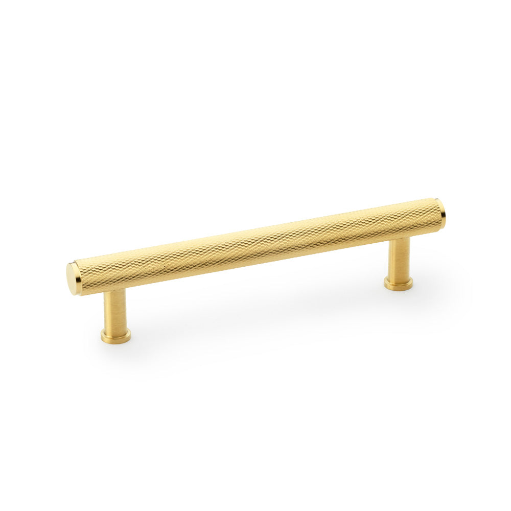Alexander & Wilks Crispin Knurled T-bar Cupboard Pull Handle in Satin Brass PVD, solid brass with textured grip and industrial design, 128mm centre spacing