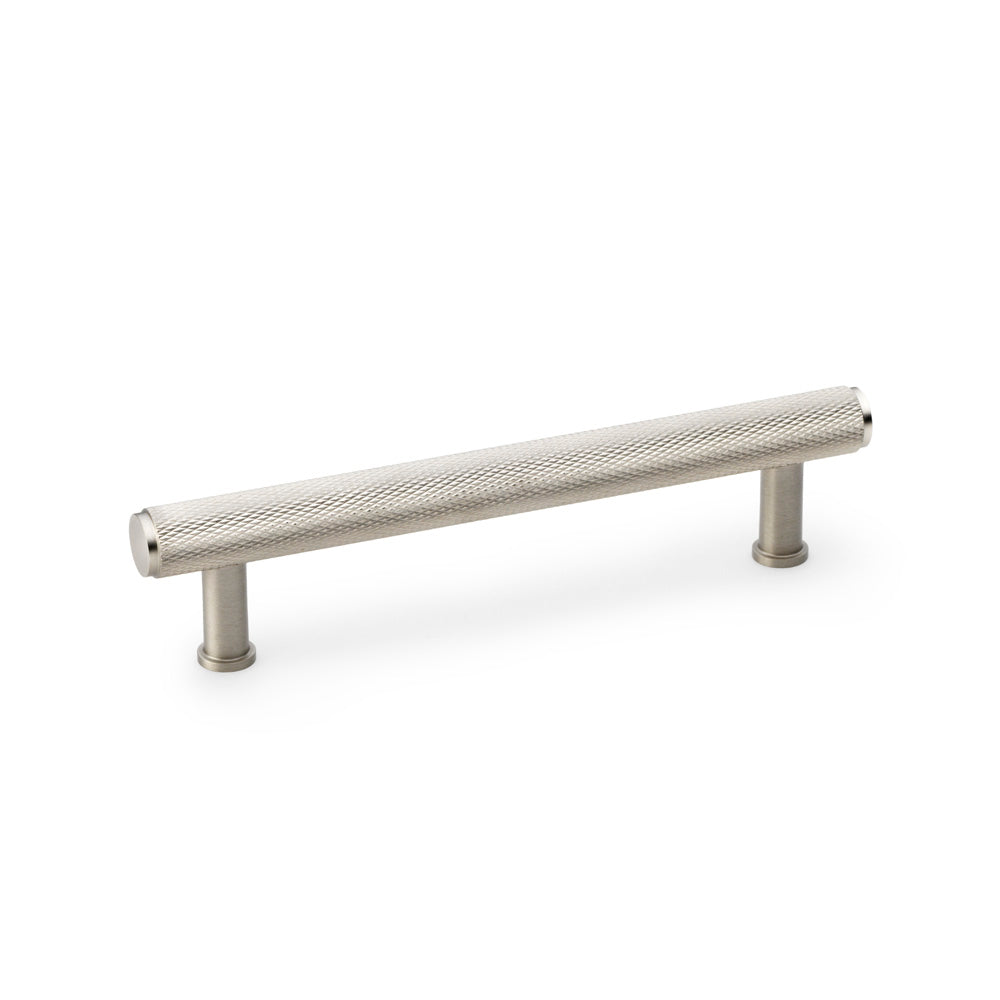 Knurled T-bar Cupboard Pull Handle in Satin Nickel by Alexander & Wilks, showing intricate full-length knurling, ideal for modern and traditional settings