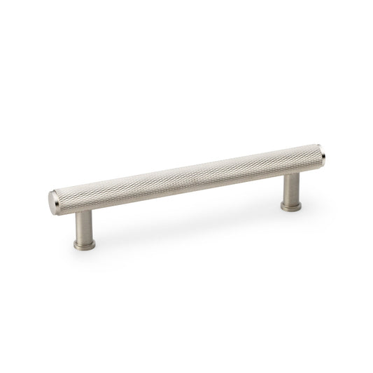Knurled T-bar Cupboard Pull Handle in Satin Nickel by Alexander & Wilks, showing intricate full-length knurling, ideal for modern and traditional settings