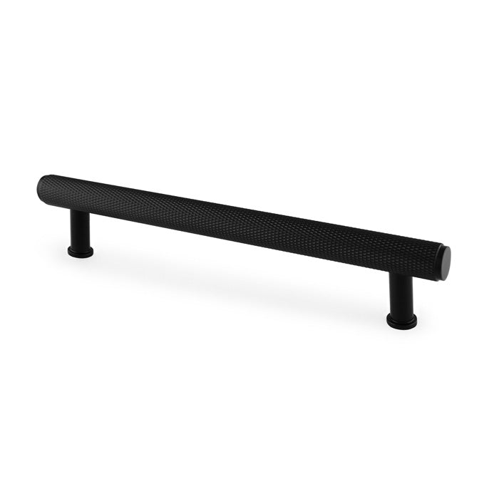 Black knurled T-bar cupboard pull handle by Alexander & Wilks Crispin, 160mm centres, solid brass construction, and modern industrial design.
