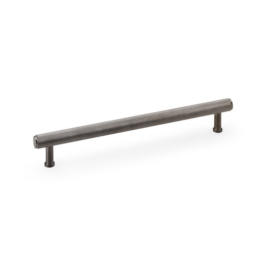 Alexander & Wilks Crispin knurled T-bar cupboard pull handle in dark bronze PVD, 224mm centres, industrial design with solid brass construction.
