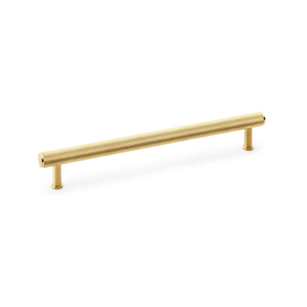 "Alexander & Wilks Crispin Knurled T-bar Cupboard Pull Handle in Satin Brass, 224mm, industrial design with solid brass construction"