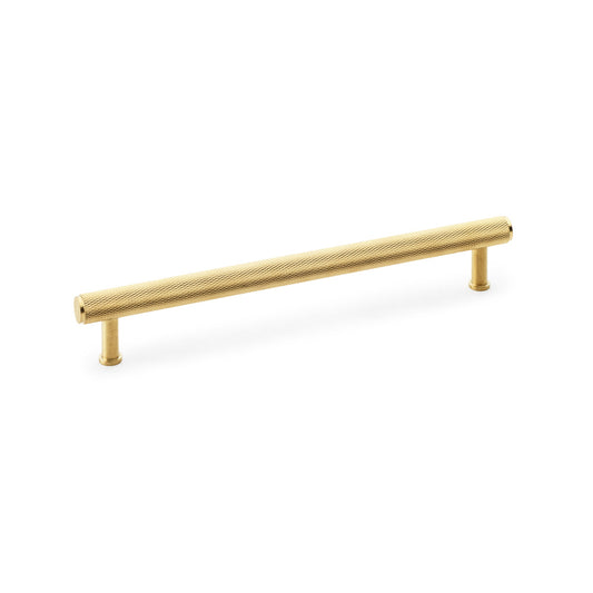 "Alexander & Wilks Crispin Knurled T-bar Cupboard Pull Handle in Satin Brass, 224mm, industrial design with solid brass construction"