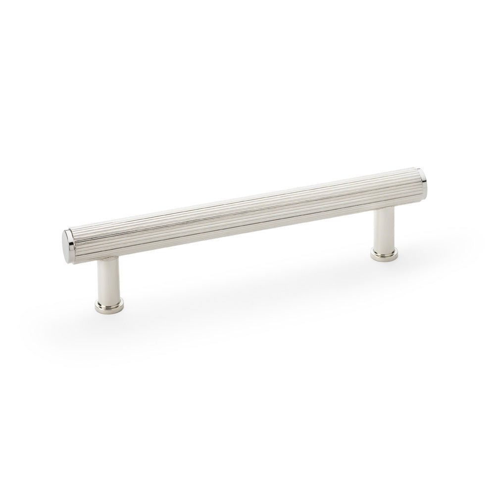 "Reeded T-bar Cupboard Pull Handle in Polished Nickel by Alexander & Wilks Crispin, 128mm solid brass with textured grip"
