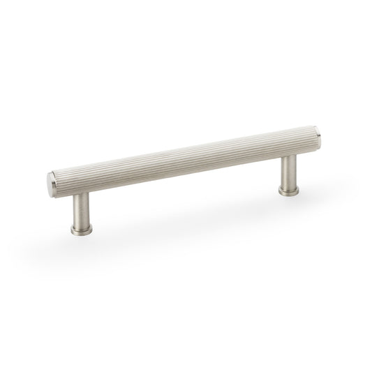 Alexander & Wilks Crispin Reeded T-bar Cupboard Pull Handle in Satin Nickel, 128mm, featuring durable solid brass construction and ribbed design for secure grip