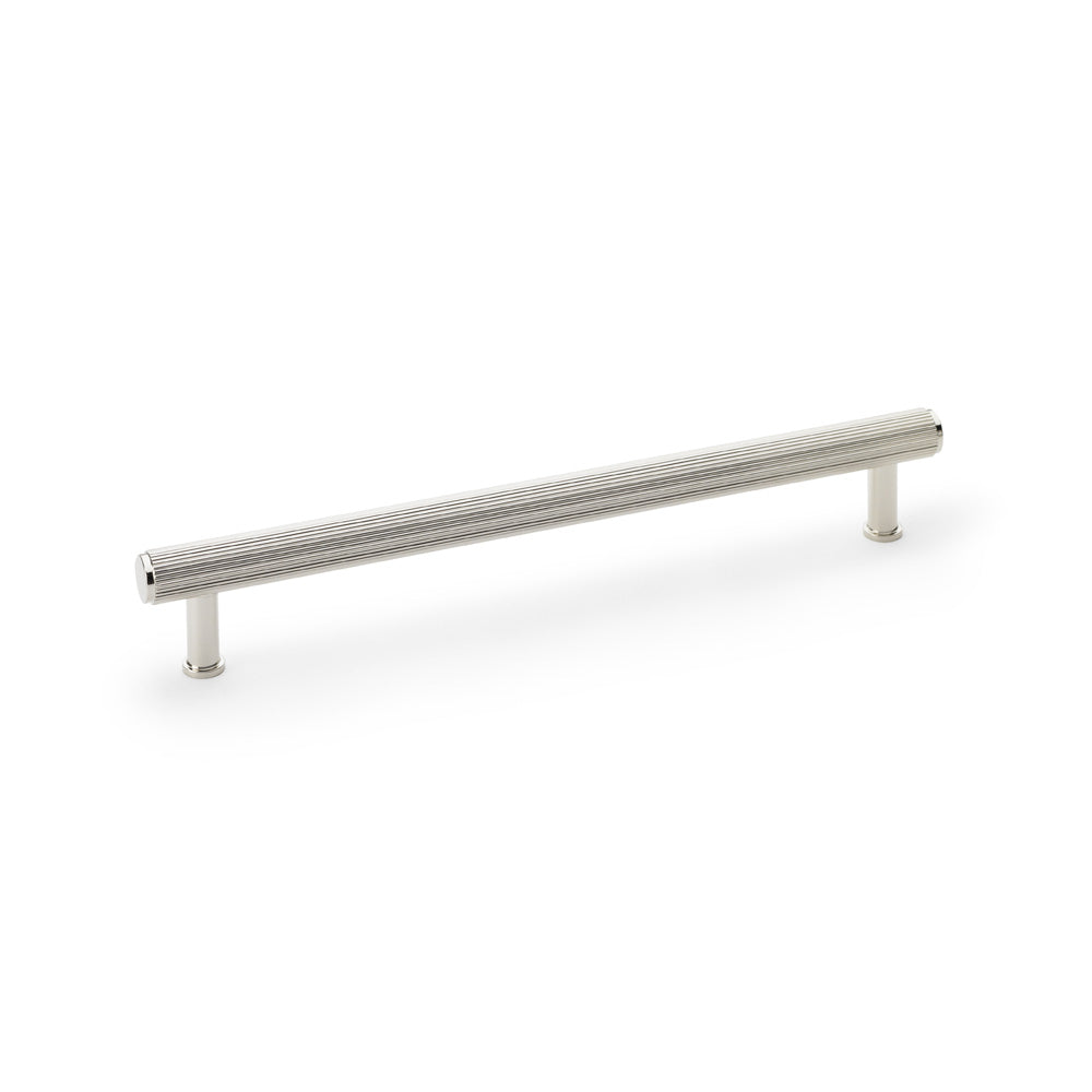 Alexander & Wilks Crispin Reeded T-bar Cupboard Pull Handle in Polished Nickel, 224mm, featuring solid brass construction and ribbed texture for secure grip