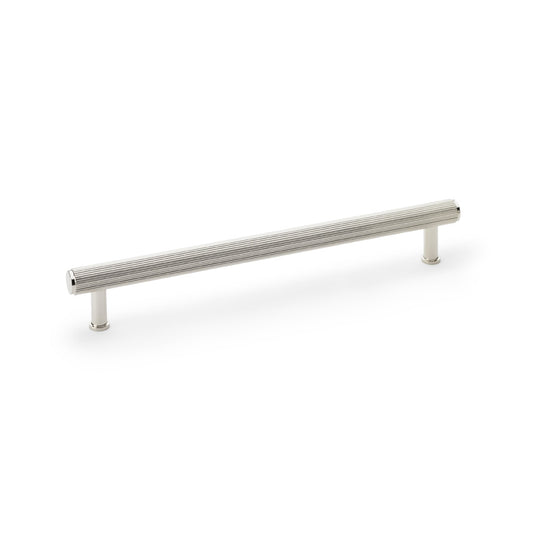 Alexander & Wilks Crispin Reeded T-bar Cupboard Pull Handle in Polished Nickel, 224mm, featuring solid brass construction and ribbed texture for secure grip
