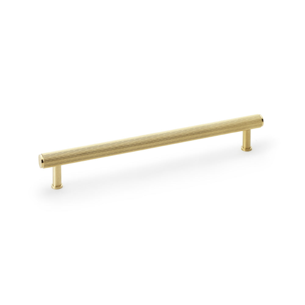 "Satin Brass PVD Reeded T-bar Cupboard Pull Handle by Alexander & Wilks, 224mm center-to-center, solid brass with textured grip"