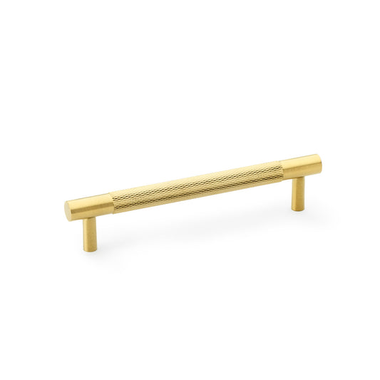 Knurled T-Bar Cupboard Handle in Satin Brass PVD by Alexander & Wilks, 128mm centres, featuring diamond knurled texture for enhanced grip and durability.