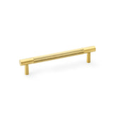 Knurled T-Bar Cupboard Handle in Satin Brass PVD by Alexander & Wilks, 128mm centres, featuring diamond knurled texture for enhanced grip and durability.