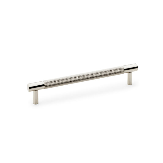"Alexander and Wilks Brunel knurled T-Bar cupboard pull handle in polished nickel finish, solid brass, dimensions 185mm length, 160mm centres"