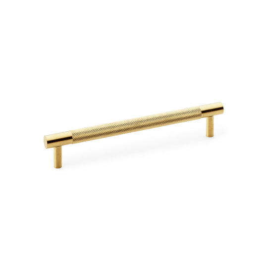Knurled T-Bar Cupboard Handle by Alexander & Wilks in Satin Brass PVD, 160mm Centres, showcasing distinctive diamond texture and elegant finish