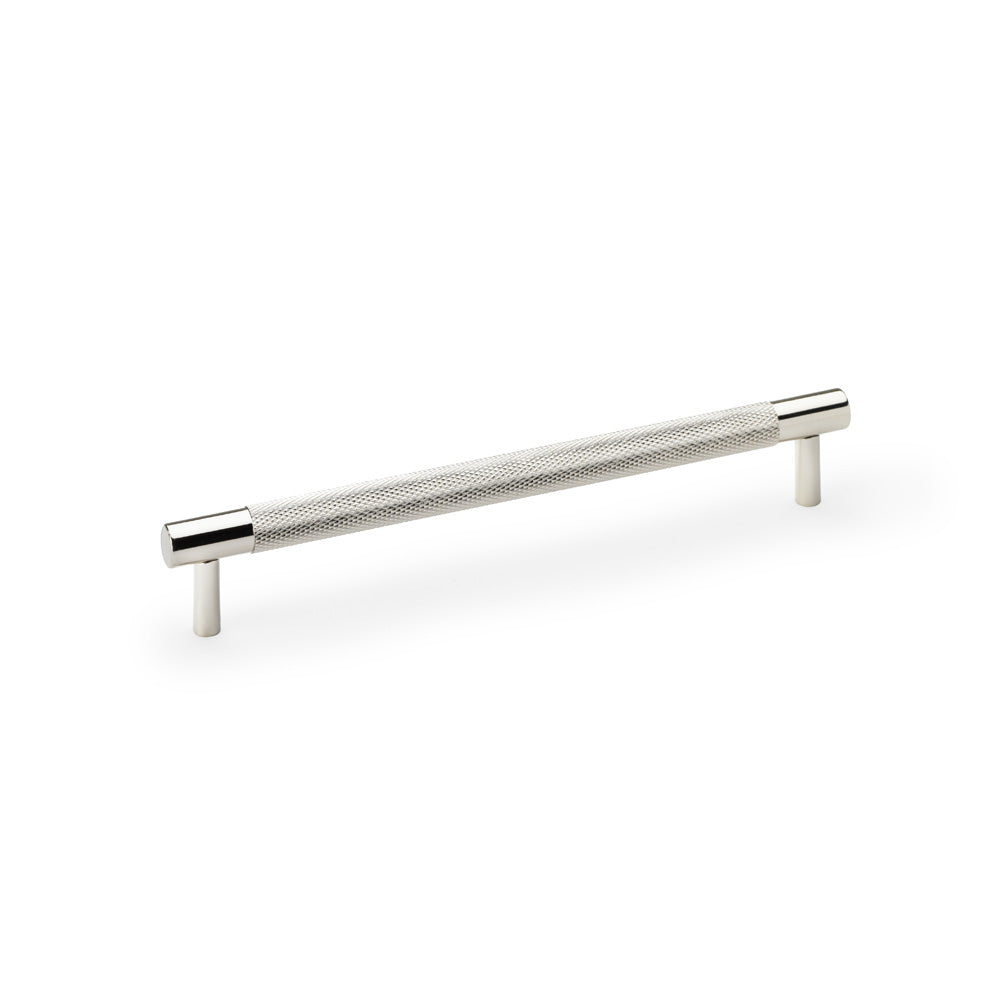 Knurled T-Bar Cupboard Handle in Polished Nickel by Alexander & Wilks, featuring diamond knurled design and solid brass construction, dimensions 217mm by 192mm.