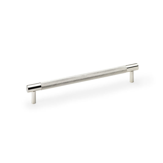 Knurled T-Bar Cupboard Handle in Polished Nickel by Alexander & Wilks, featuring diamond knurled design and solid brass construction, dimensions 217mm by 192mm.