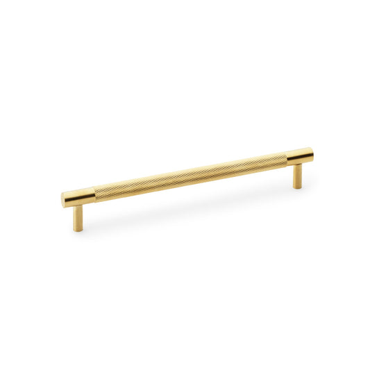 "Alexander and Wilks Brunel Knurled T-Bar Cupboard Handle in Satin Brass PVD Finish, 192mm centres, featuring a diamond knurled texture for enhanced grip and elegance"