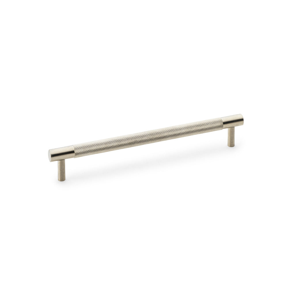 Knurled T-Bar Cupboard Handle by Alexander & Wilks in Satin Nickel, featuring diamond knurled texture for enhanced grip, crafted from solid brass, ideal for both residential and commercial use.