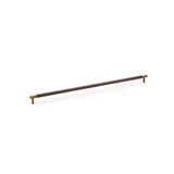 Alexander & Wilks knurled T-Bar cupboard handle in antique brass, 448mm centres, showing diamond knurled design and solid brass material.