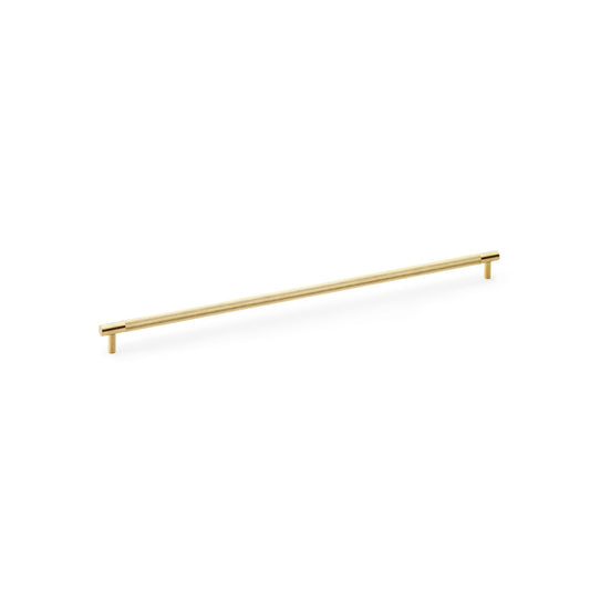 "Satin Brass Knurled T-Bar Cupboard Handle by Alexander & Wilks, 448mm Centres, ideal for enhanced grip on cabinetry"