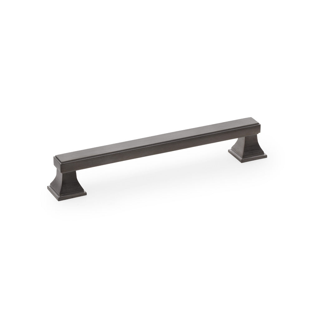"Solid brass Alexander & Wilks Jesper cabinet pull handle in dark bronze PVD, 160mm centres, on a pyramid-shaped pedestal"