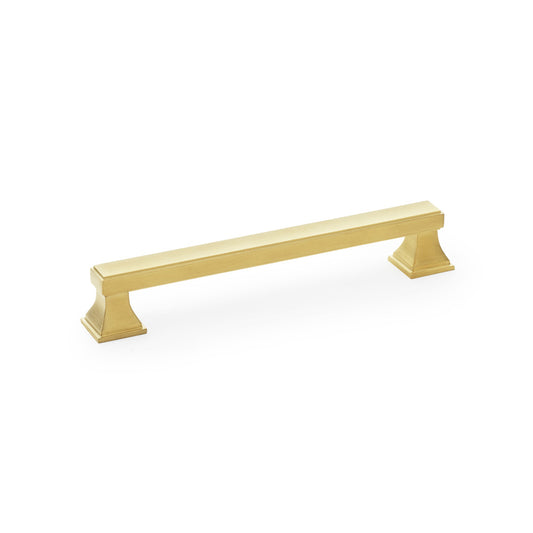 Square Cabinet Pull Handle by Alexander & Wilks in Satin Brass PVD finish, showcasing a robust square bar with pyramid-shaped base, suitable for enhancing kitchen cupboards or wardrobes
