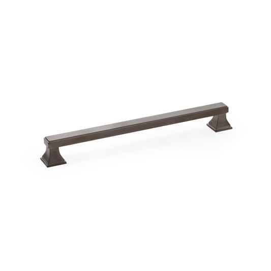 "Alexander and Wilks Jesper square cabinet pull handle in dark bronze PVD, elegant Beaux-Arts inspired design, 224mm centre"