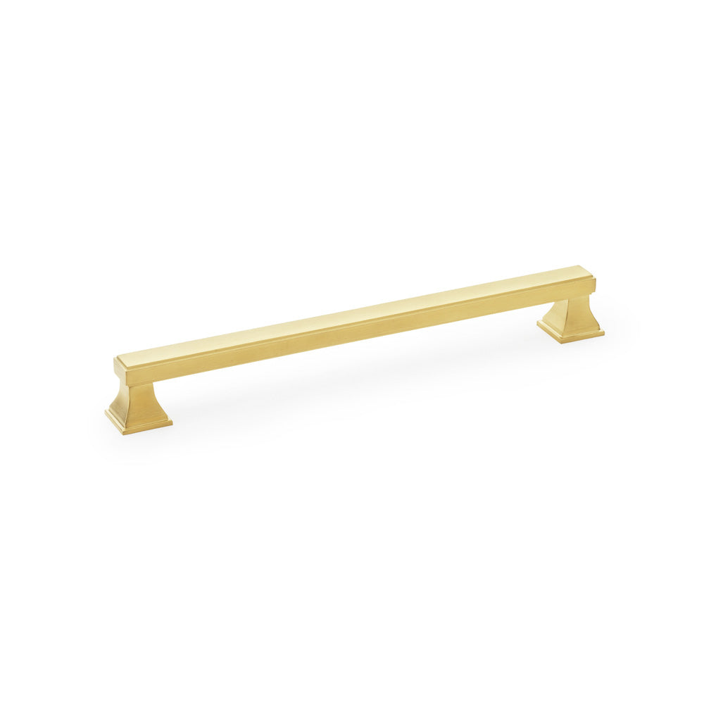 "Satin Brass PVD Square Cabinet Pull Handle by Alexander & Wilks Jesper, 224mm Centres, featuring solid brass construction and Beaux-Art inspired design"
