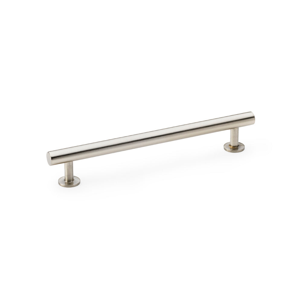 "Alexander and Wilks Round T-Bar Cabinet Pull Handle in Satin Nickel, 160mm Centres, displayed on a cabinet door"