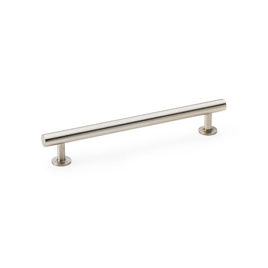 "Alexander and Wilks Round T-Bar Cabinet Pull Handle in Satin Nickel, 160mm Centres, displayed on a cabinet door"