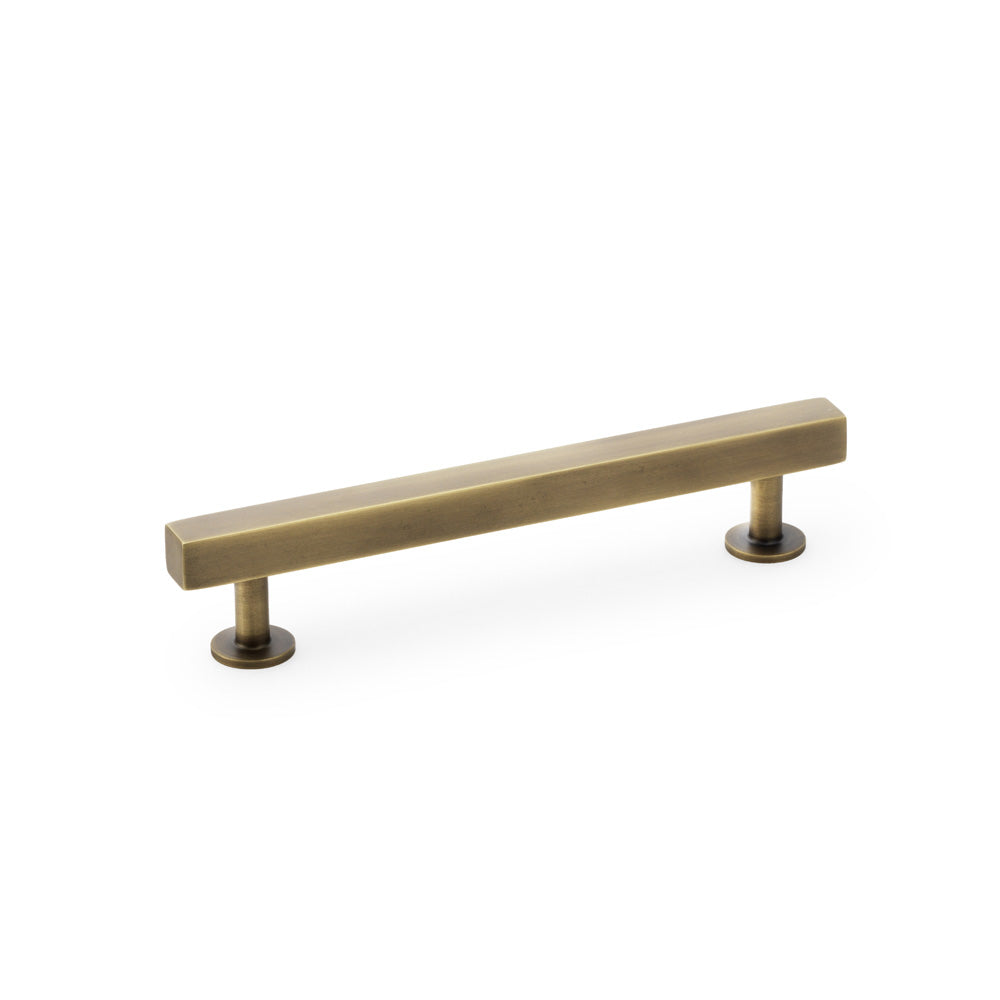 Alexander and Wilks Square T-Bar Cabinet Pull Handle in Antique Brass, 128mm Centres, featuring modern Art Deco design and solid brass construction