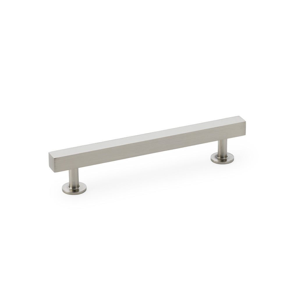 Square T-Bar Cabinet Pull Handle in Satin Nickel by Alexander & Wilks, 128mm centres, shown on a wooden cabinet panel, perfect for modern and traditional decor.