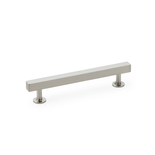 Square T-Bar Cabinet Pull Handle in Satin Nickel by Alexander & Wilks, 128mm centres, shown on a wooden cabinet panel, perfect for modern and traditional decor.