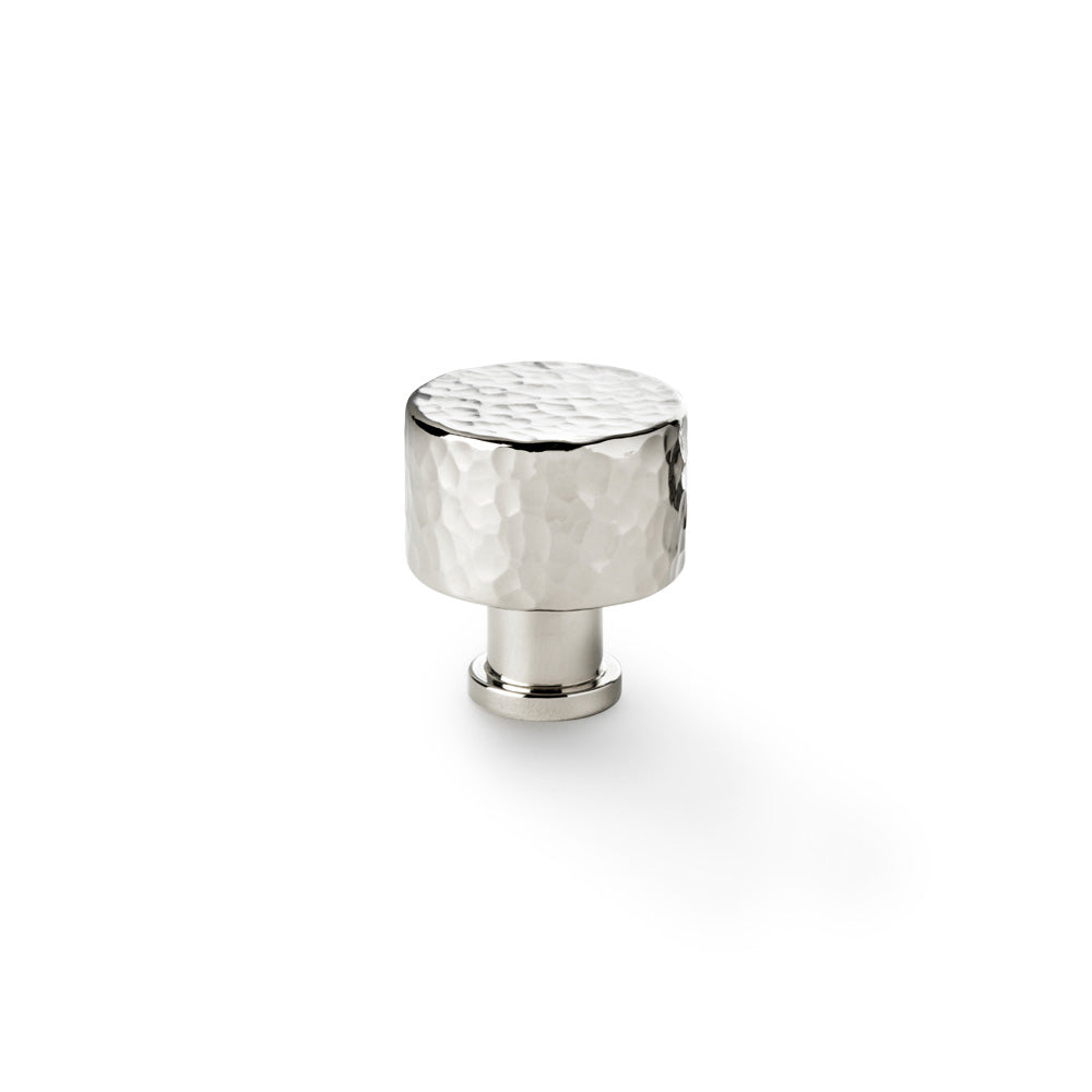 Alexander and Wilks Leila Hammered Cupboard Knob in Polished Nickel finish, displaying a unique hammered effect and solid brass construction, ideal for enhancing both traditional and modern interiors.
