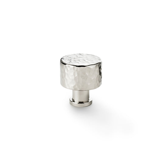 Alexander and Wilks Leila Hammered Cupboard Knob in Polished Nickel finish, displaying a unique hammered effect and solid brass construction, ideal for enhancing both traditional and modern interiors.