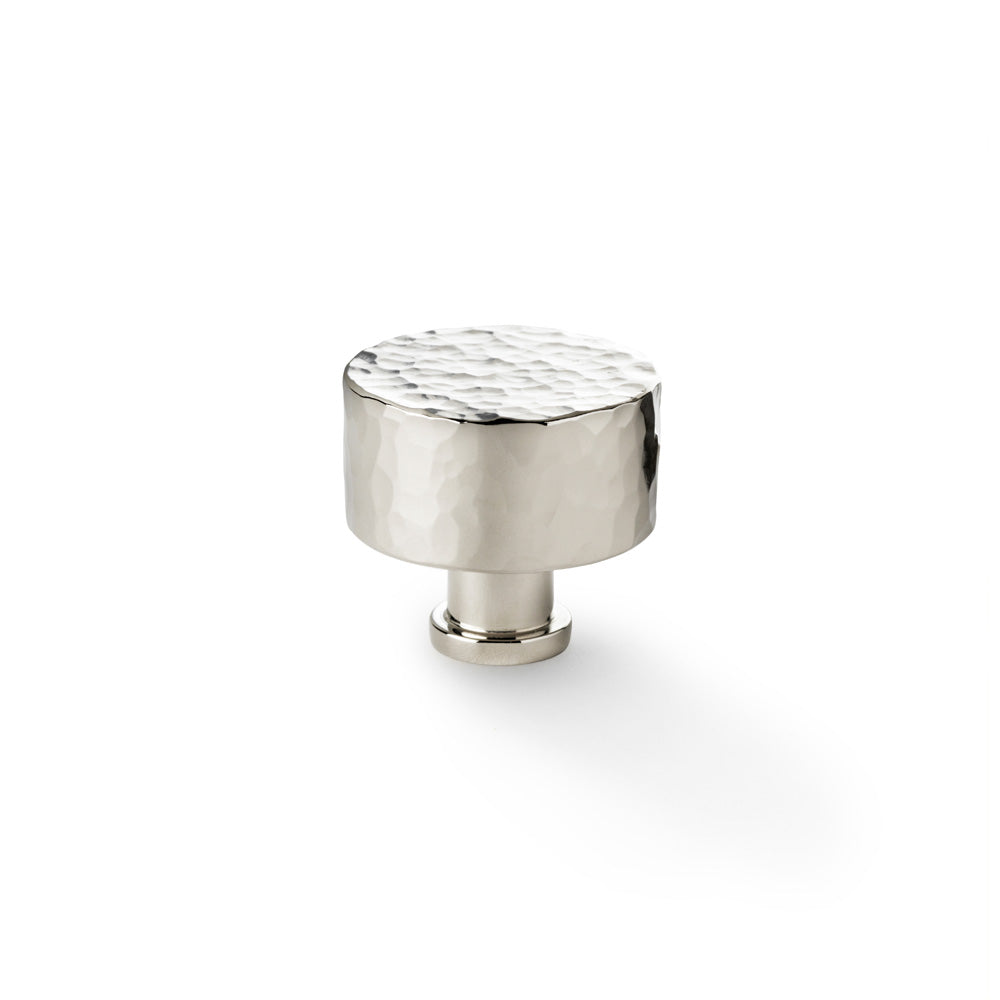 Alexander & Wilks Leila Hammered Cupboard Knob in Polished Nickel 35mm, featuring durable solid brass with unique hammered finish